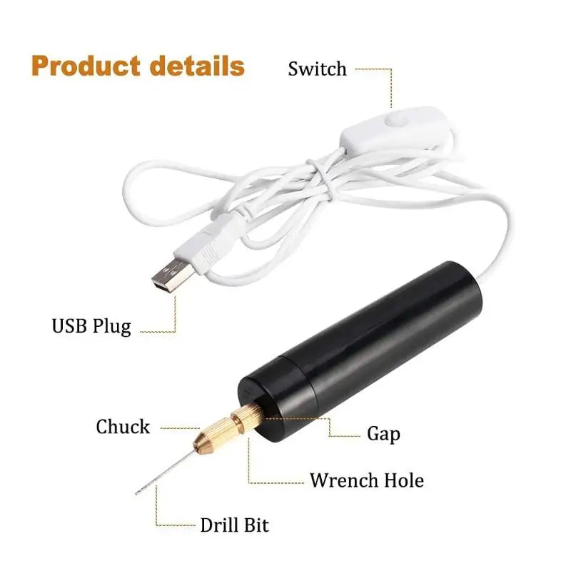 USB Powered Mini Electric Drill Portable Stable Performance 3 Drill Bits Set for Beginners DIY Art Creation