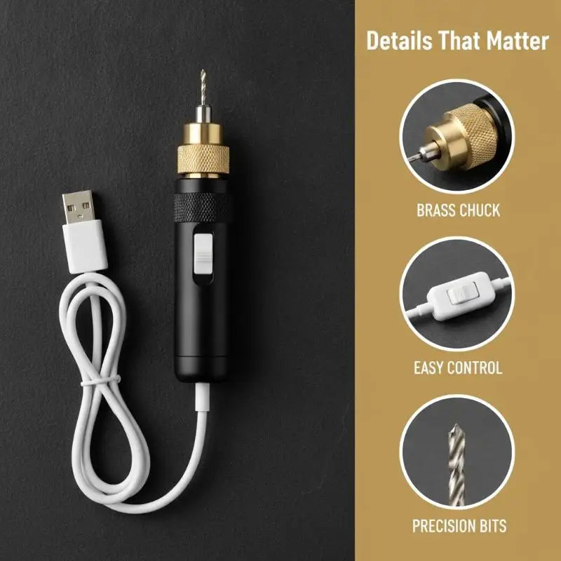 USB Powered Mini Electric Drill Portable Stable Performance 3 Drill Bits Set for Beginners DIY Art Creation