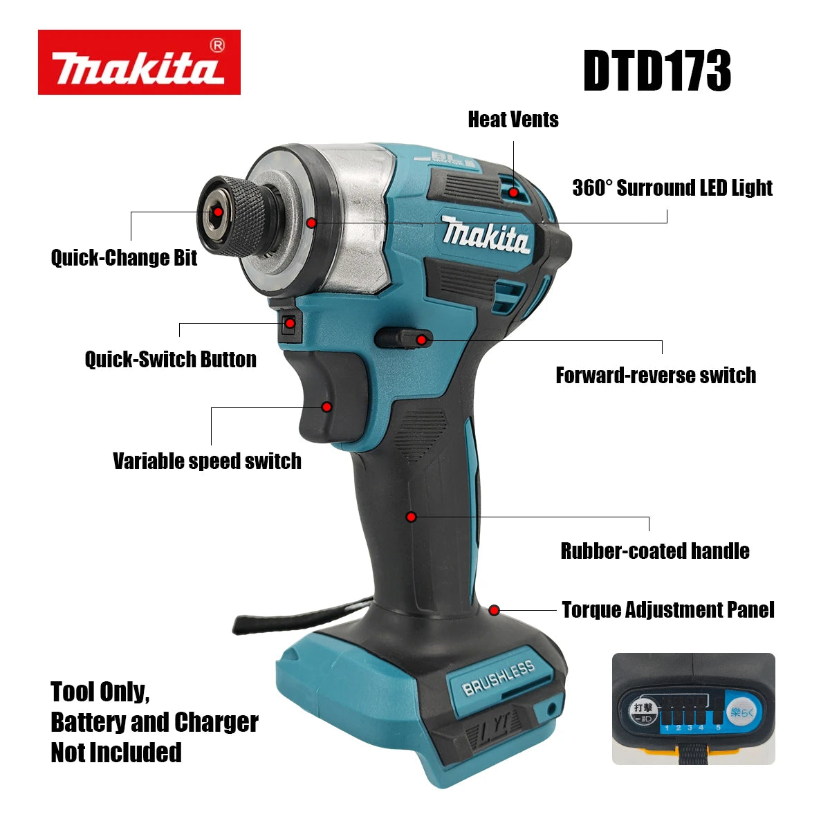 Makita DTD173 1800RPM 180Nm Cordless Impact Driver 180Nm Brushless Motor Electric Drill Wood Bolt T Mode For Makita Battery