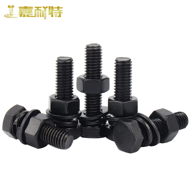 Jianet 8.8 grade blackened external hex bolt, screw and nut set, high strength flat washer and spring washer four-piece combination M12*70 (10 sets)
