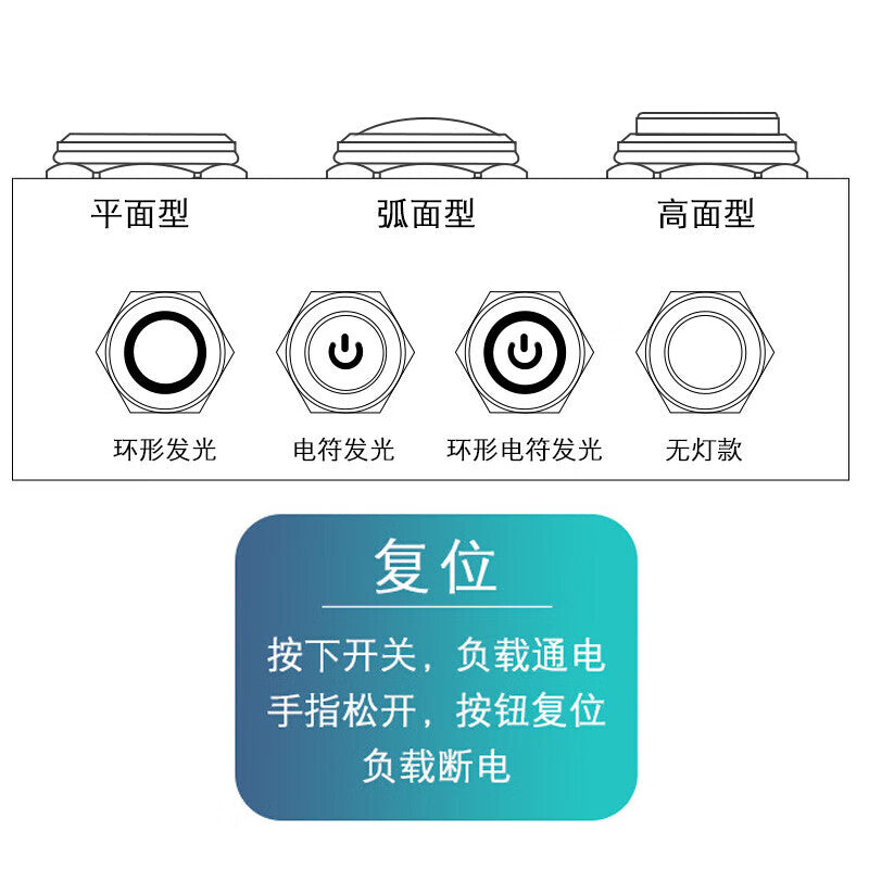 Huijun Waterproof Metal Push Button Switch, Flat Head, High Head, Spherical Miniature Start/Stop/Reset Self-Locking Switch, 10mm Reset Metal High Head with Welded Feet