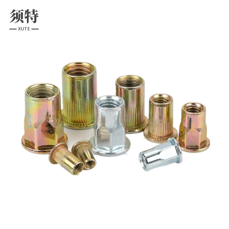 XUTE M8-Flat Head Blue and White Zinc 100 Pieces Rivet Nuts, Flat Head Semi-Hexagonal Rivet Nuts, Manual Rivet Gun, Simple Rivet Tool Gun, Simple Rivet Tool