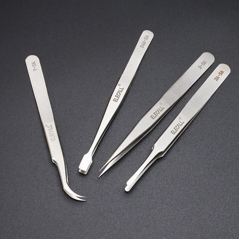 ELECALL Stainless Steel Tweezers 4-Piece Set, Pointed/Curved Tip, Long Handle, Repair and Welding Fixture, Bird's Nest Picking Tool, SA for Home and Industrial Use