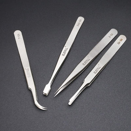ELECALL Stainless Steel Tweezers 4-Piece Set, Pointed/Curved Tip, Long Handle, Repair and Welding Fixture, Bird's Nest Picking Tool, SA for Home and Industrial Use