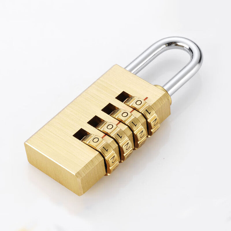 Basic brass combination padlock for home doors, dormitories, cabinets, storage lockers, and luggage; upgradeable 4-digit combination lock.