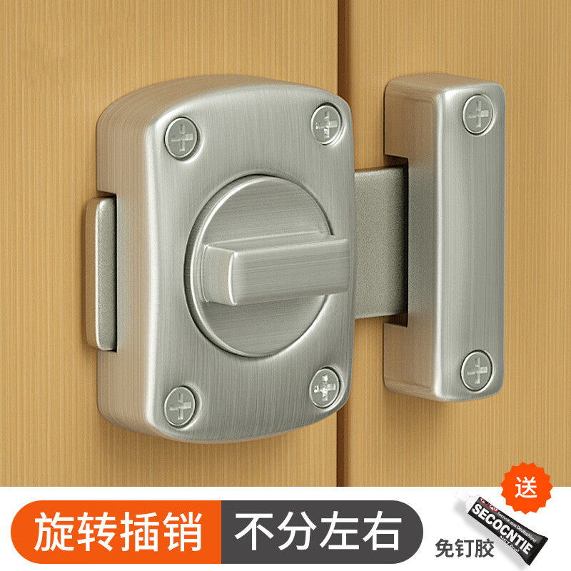 No-drill door latch for wooden doors and bathrooms, surface-mounted, large silver size.