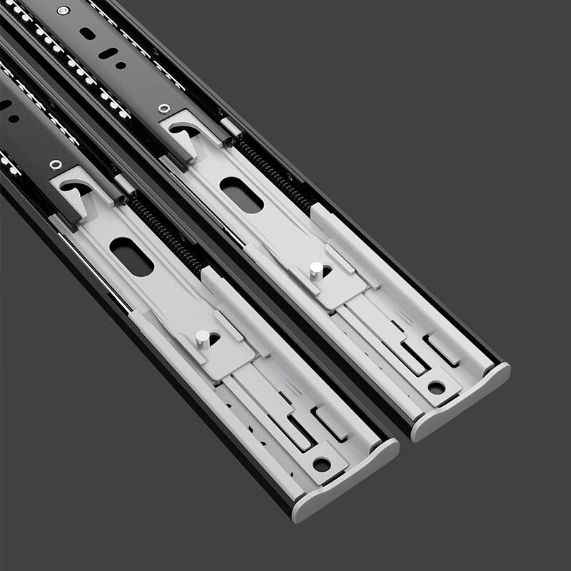 Thickened black drawer slides with high-speed wheels, three-section drawer slides, wardrobe slide accessories, drawer rails, 18-inch 45cm black steel damping, cold rolled steel.