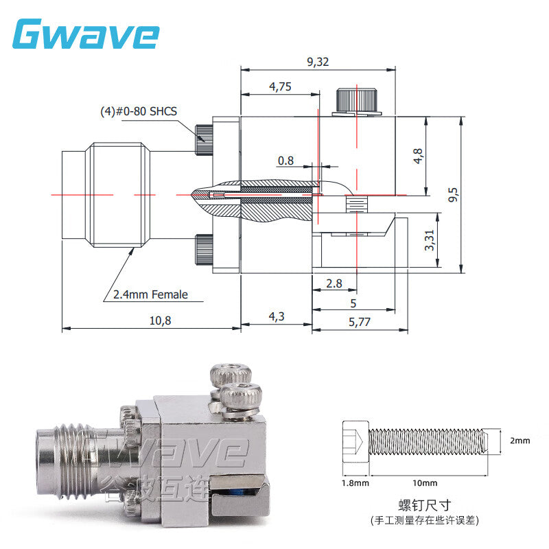 GWAVE 2.4mm Female Microwave RF Dual-Hole Flange Connector with 9.5mm Hole Pitch 50G PCB Board Solderless Connector 2.4-KFD0830