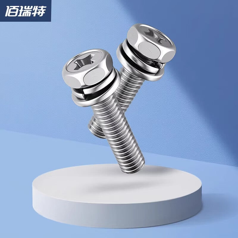 Bairuite 304/316 Stainless Steel Phillips Head and Hex Head Combination Screws with Recessed Hex Head, Flat Washer, and Spring Washer, Three-Piece Set of Bolts M6*14 [10 Pieces] (304)