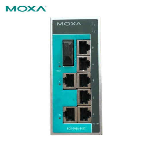 Moxa 8-port unmanaged 100M industrial Ethernet switch with one single-mode optical port; EDS-208A-S-SC