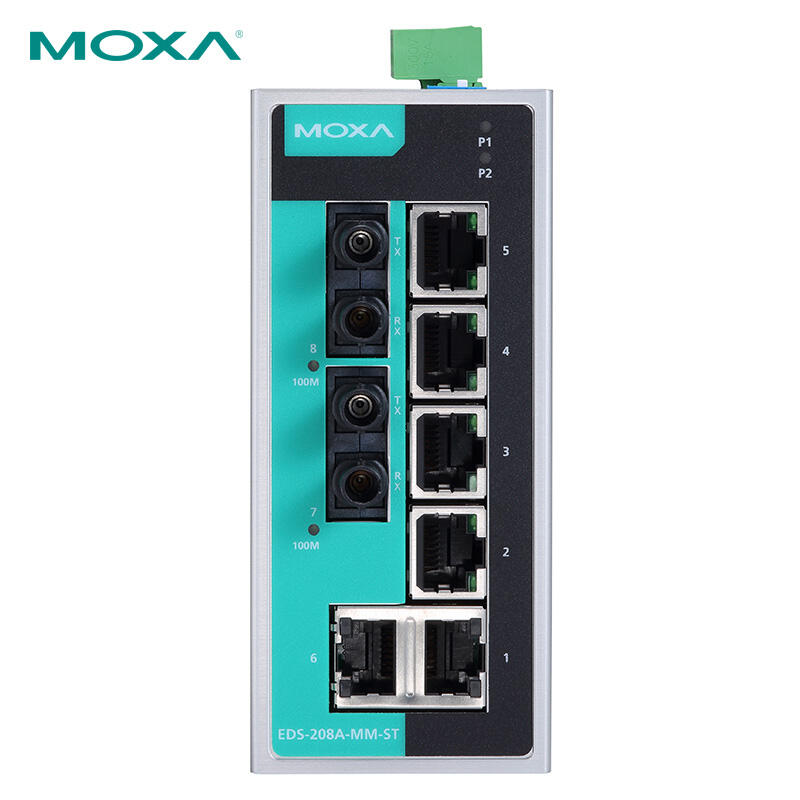 Moxa 8-port unmanaged 100M industrial Ethernet switch with two multimode optical ports; EDS-208A-MM-ST