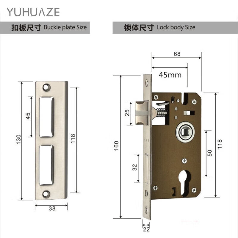 Yuhuaze Stainless Steel Lock Body Large 50 Lock Body Double Tongue 160mm Length Interior Door Home Bedroom Lock Tongue Door Lock Interior Lock Body Wooden Door Lock Room Door Lock Body Accessories