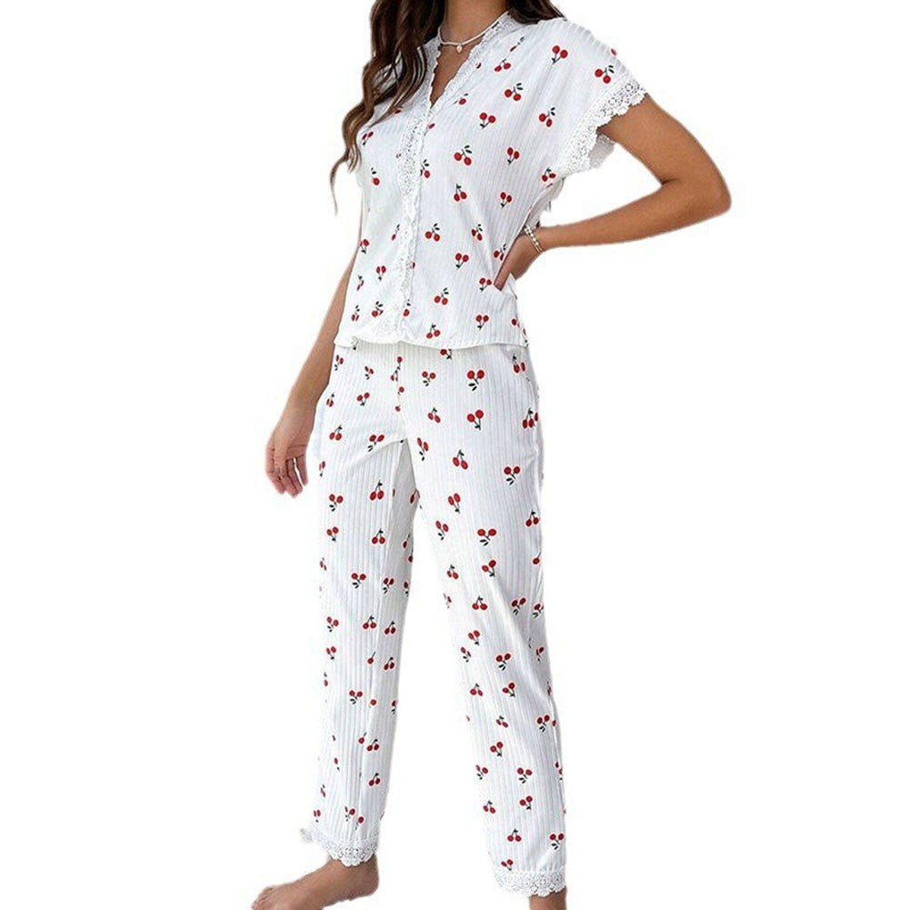 Women Lace Trim Short Sleeve Top Long Pants For Cherry Print 2 Piece Pajama Set