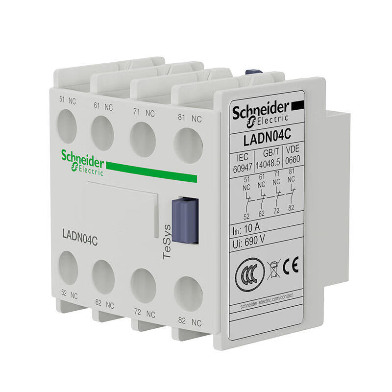 Schneider Electric TeSys contactor auxiliary contact module, 0NO+4NC; LADN04C (new and old colors shipped randomly)