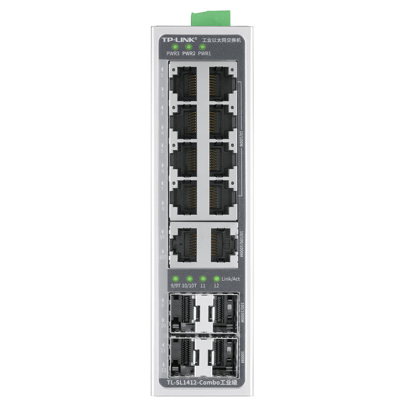 TP-LINK industrial Ethernet switch; TL-SL1412-Combo industrial grade, 8 100M RJ45 ports, 4 Gigabit SFP ports, 2 multiplexed Gigabit RJ45 ports, industrial grade operating temperature: -40℃~75℃ (85℃@180LFM)