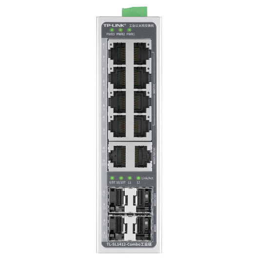 TP-LINK industrial Ethernet switch; TL-SL1412-Combo industrial grade, 8 100M RJ45 ports, 4 Gigabit SFP ports, 2 multiplexed Gigabit RJ45 ports, industrial grade operating temperature: -40℃~75℃ (85℃@180LFM)