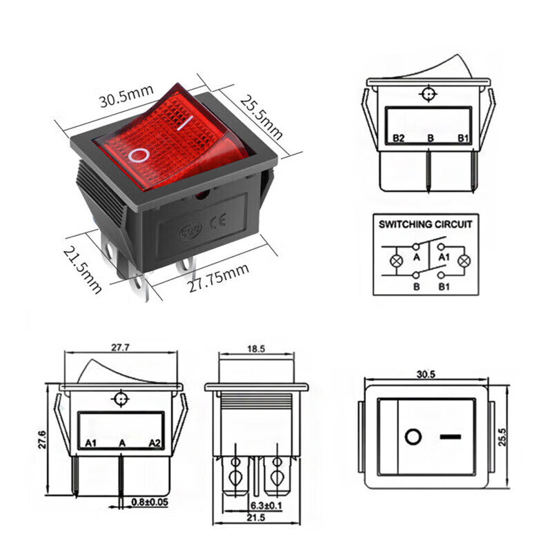 Huijun KCD4 Rocker Switch, High Current 16A, Illuminated, Recessed, Waterproof Switch, KCD4-4-Pin, 2-Position, Red On with Illumination, 16A [10pcs]