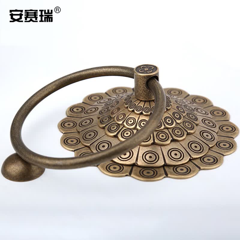 Anselé Antique Brass Door Handle, Old Style Chinese Solid Round Door Ring Handle, 13.8cm, Antique Bronze, U-Pin Style, 5D00140