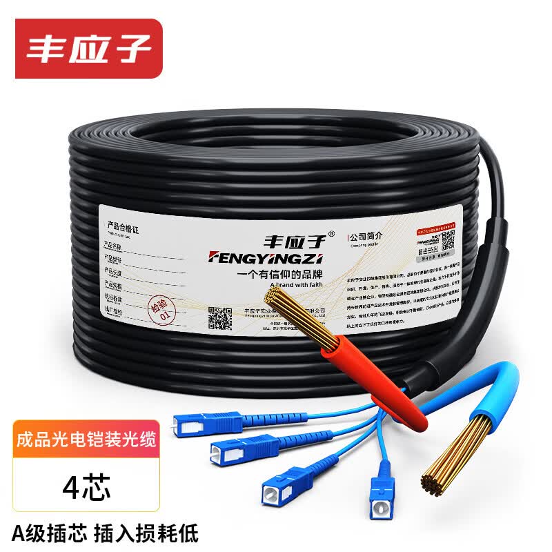 Fengyingzi Outdoor Armored GYXTW Fiber Optic Composite Cable, Fiber Optic Cable and Power Cord Integrated Cable, RVV2X1.0 All Copper, 4-Core Single Mode, SC, 800m, FYZ-GYXTW-4B1-2*1.0