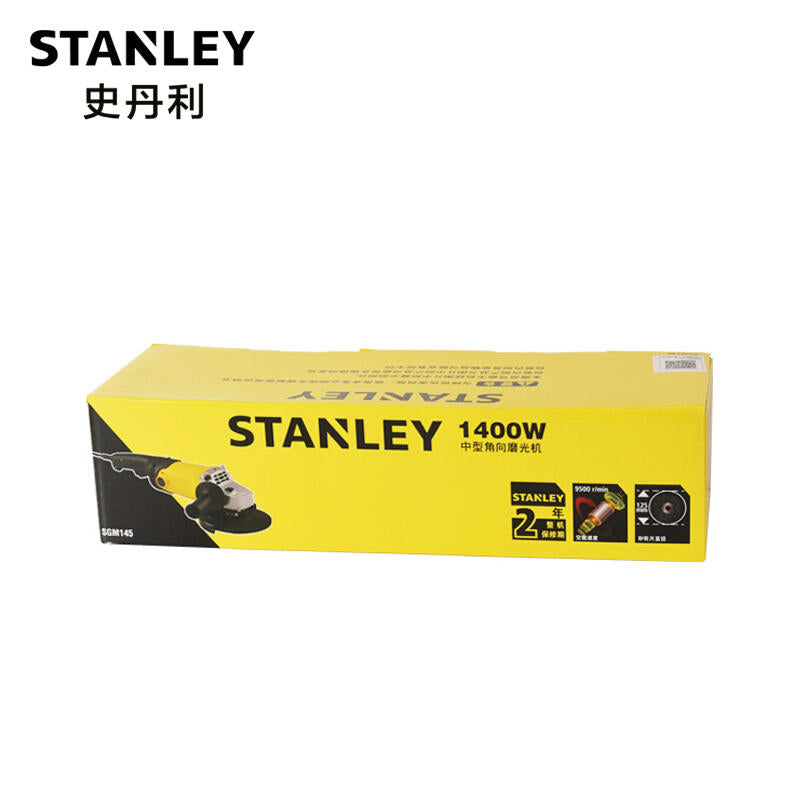 Stanley 1400W Angle Grinder, powerful for heavy-duty tasks. Features 125mm diameter and 22.1 lbs weight. Designed for industrial use, perfect for cutting through tough materials. Model SGM145