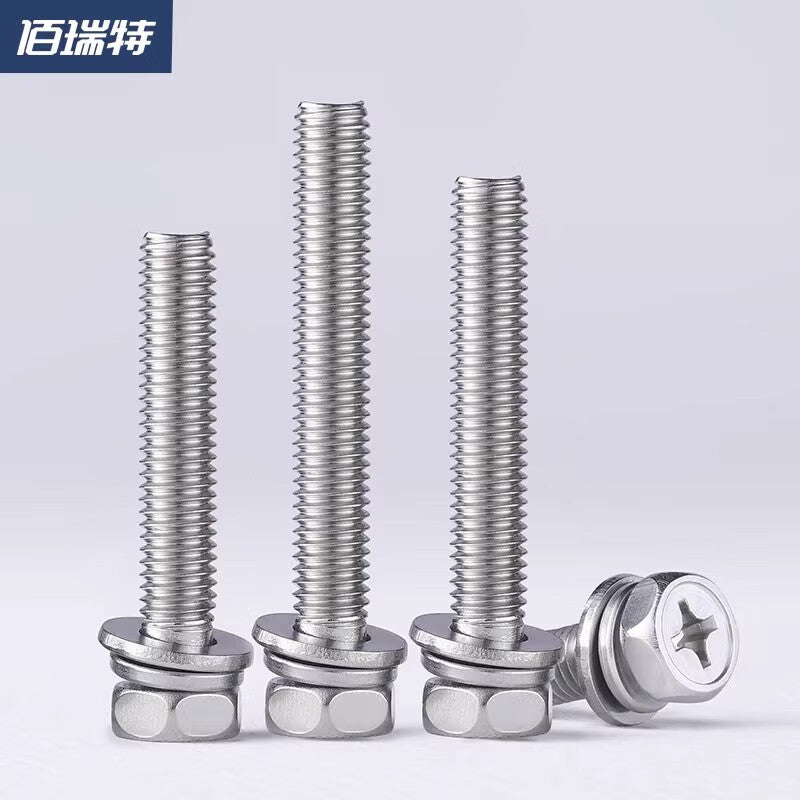 Bairuite 304/316 Stainless Steel Phillips Head and Hex Head Combination Screws with Recessed Hex Head, Flat Washer, and Spring Washer, Three-Piece Set of Bolts M6*14 [10 Pieces] (304)