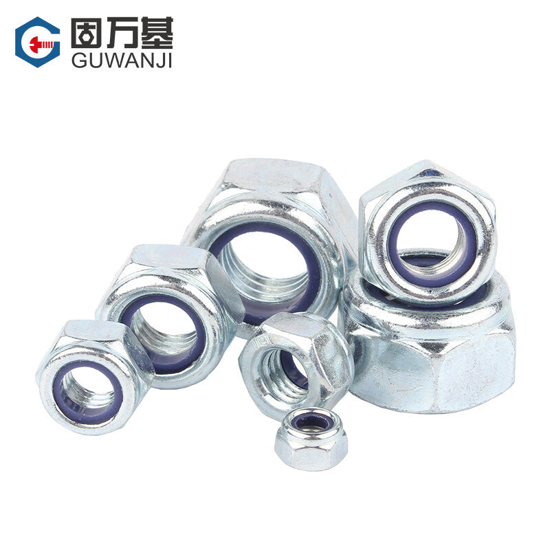 Guwanji GB/T 889 Non-metallic Insert Hexagonal Locking Nut, Grade 8.8 Blue-White Zinc Plated Hexagonal Anti-loosening Nut, Locking Thread Nut, Self-locking Anti-slip Nut, M6 [100 pieces]