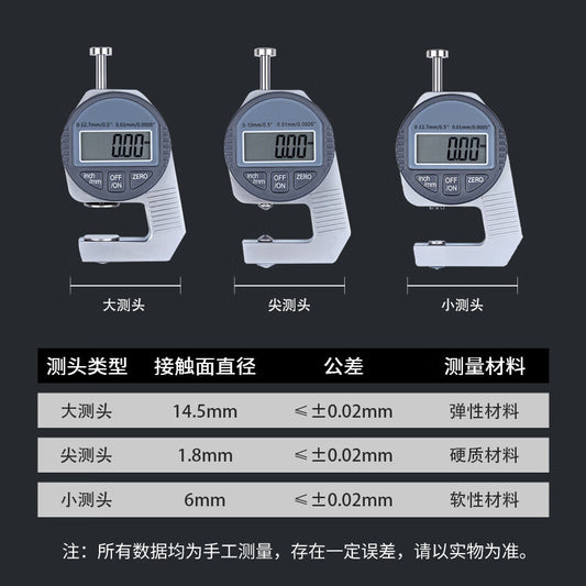 Mitz thickness gauge, digital thickness gauge, electronic digital thickness measuring instrument, stainless steel all-metal paper, leather, film thickness gauge, 0-10mm/0.01/pointed tip.