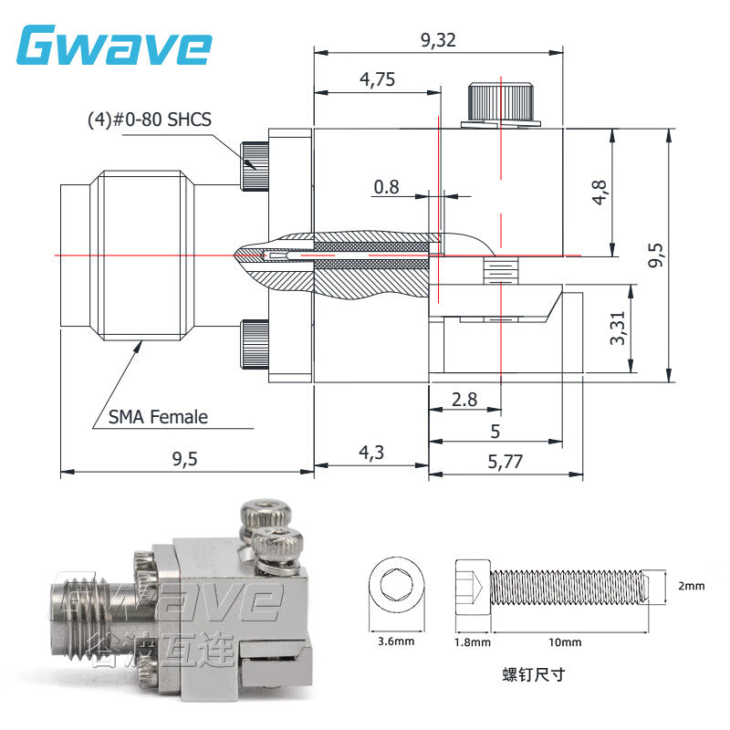 GWAVE SMA female microwave RF dual-hole flange connector with 9.5mm hole pitch, 26.5G straight-through PCB board solderless connector SMA-KFD0830