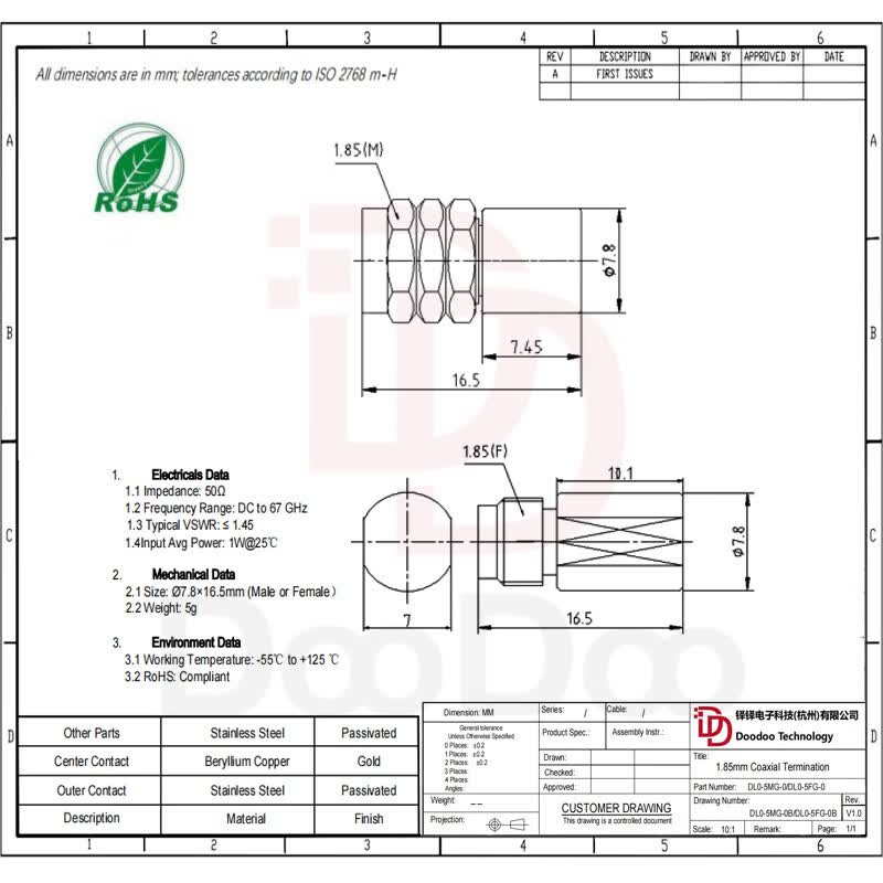 Duoduo Technology 1.85mm Coaxial Matching Loader Male Termination Plug 50 Ohms DC-67GHz 1W 1.85-J L0-5MG-A 1 piece