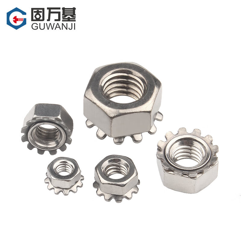 GUWANJI K-type multi-tooth nut, carbon steel nickel-plated K-type nut, zinc-plated toothed multi-tooth K-shaped nut, hexagonal screw cap, nut cap, M10 nickel-plated [5 pieces]