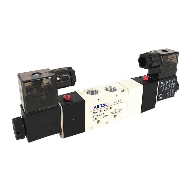 AirTAC internal pilot solenoid valve, 3-position 5-way center-through, double solenoid, DIN socket; 4V230E06A