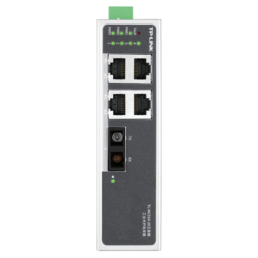 TP-Link industrial fiber optic transceiver; 4 1000/100/10Mbps adaptive RJ45 ports, 1 1000Mbps single-mode dual-fiber SC fiber port, industrial-grade operating temperature: -40℃~75℃