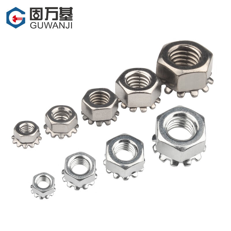 GUWANJI K-type multi-tooth nut, carbon steel nickel-plated K-type nut, zinc-plated toothed multi-tooth K-shaped nut, hexagonal screw cap, nut cap, M10 nickel-plated [5 pieces]