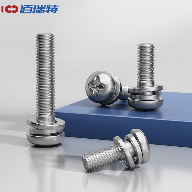 Bairuit 316 Stainless Steel Combination Screws with Spring Flat Washers, Round Head Three-Piece Combination Screws, Phillips Pan Head Combination Screws GB9074 M3*8 [10 Pieces]