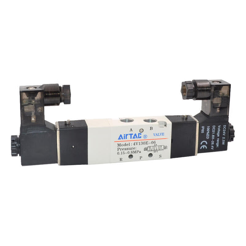 AirTAC internal pilot solenoid valve, 3-position 5-way center-through, double solenoid, DIN socket; 4V130E06B