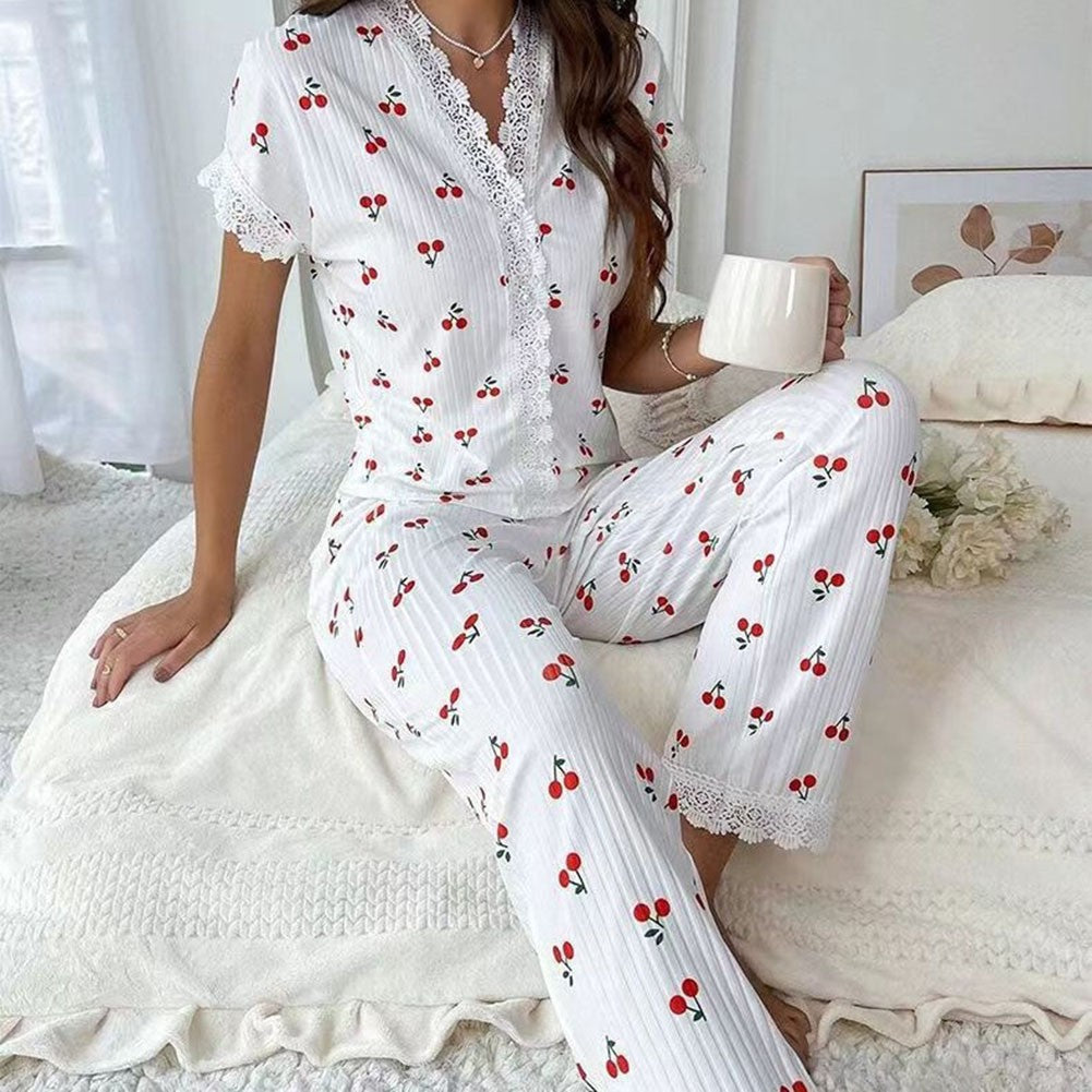 Women Lace Trim Short Sleeve Top Long Pants For Cherry Print 2 Piece Pajama Set