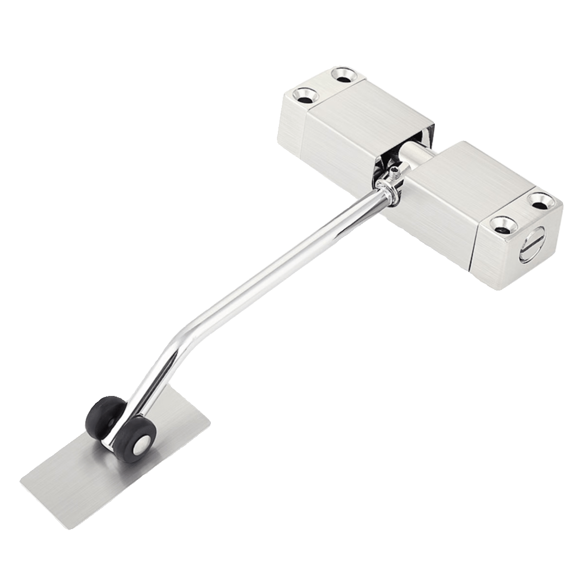 Beginner door closer, automatic door closer, door buffer, small and simple door closing device with adjustable damper.