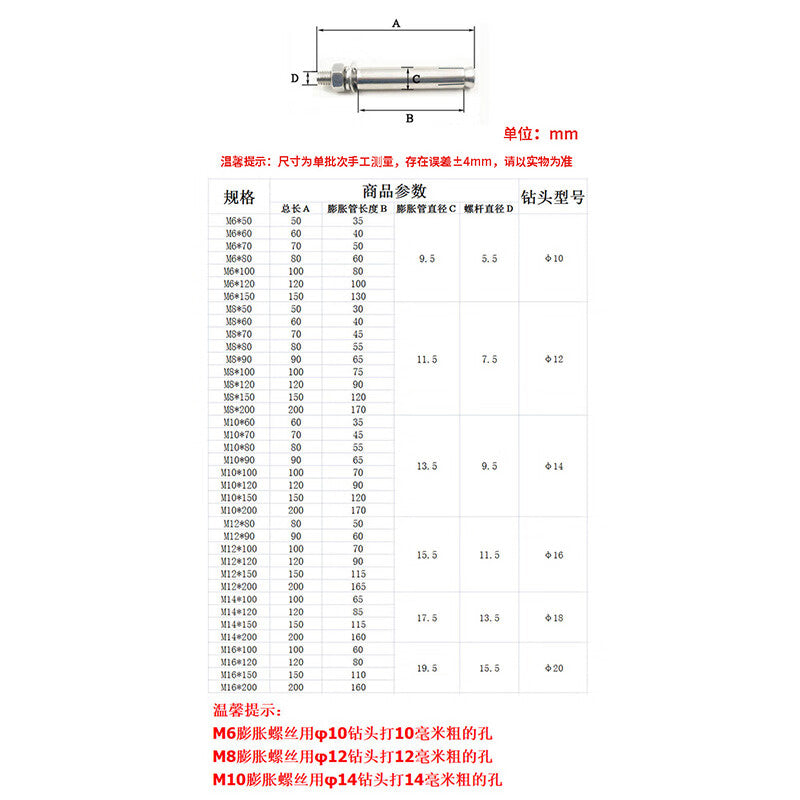 Haisdic 304 Stainless Steel Expansion Bolts, Expansion Bolts, Expansion Screws, Expansion Tubes HK-07 M10*150 (10 pieces) Seamless