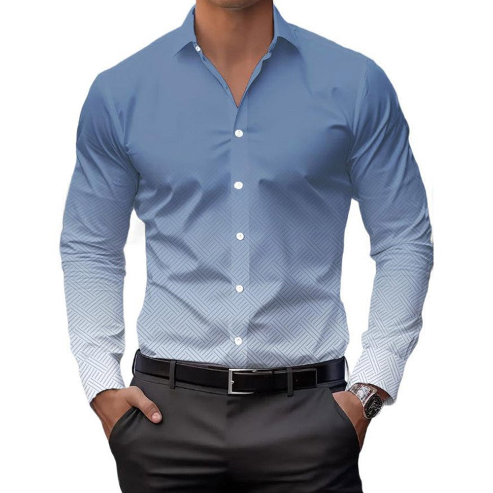 Mens Casual Long Sleeve Shirt Buttoned Collar Gradient Color for Daily Wear