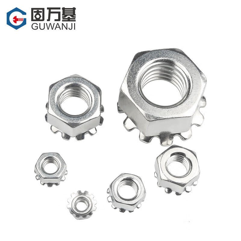 GUWANJI K-type multi-tooth nut, carbon steel nickel-plated K-type nut, zinc-plated toothed multi-tooth K-shaped nut, hexagonal screw cap, nut cap, M10 nickel-plated [5 pieces]