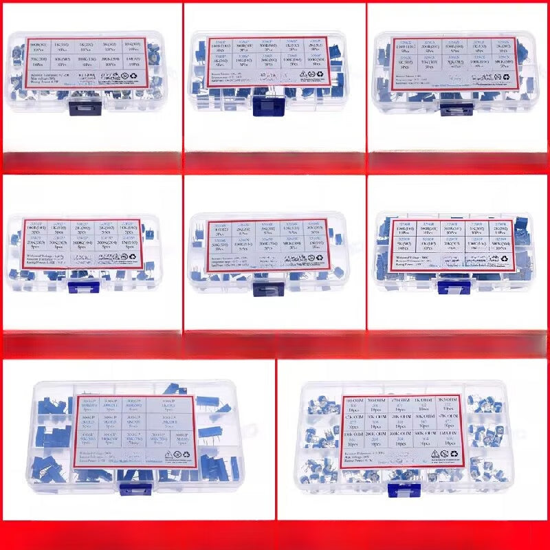 Gangwo (13 types of 3006P (100R~1M) 65 pieces) Commonly Used Adjustable Potentiometers Package: Through-hole Horizontal Micro-adjustable Variable Blue and White Resistors, Boxed Unit: Piece