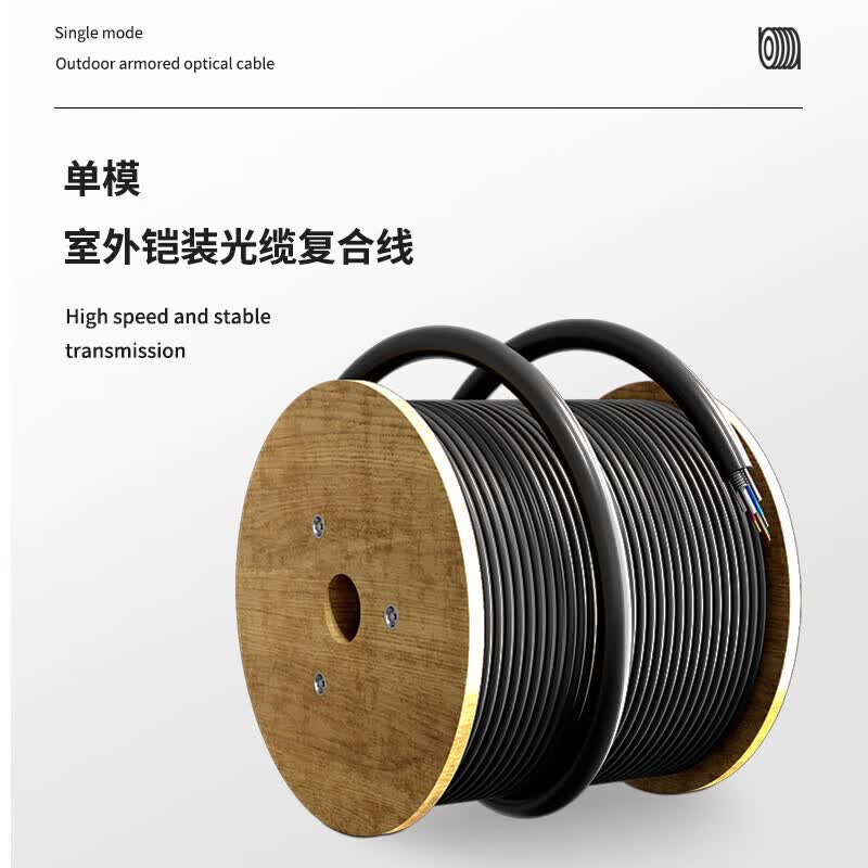 Fengyingzi Fiber Optic Composite Cable, Armored 4-Core Single-Mode Outdoor Fiber Optic Cable with Power Supply, Oxygen-Free Copper, 100m, FYZ-GYXTW-4B1-2*1.5