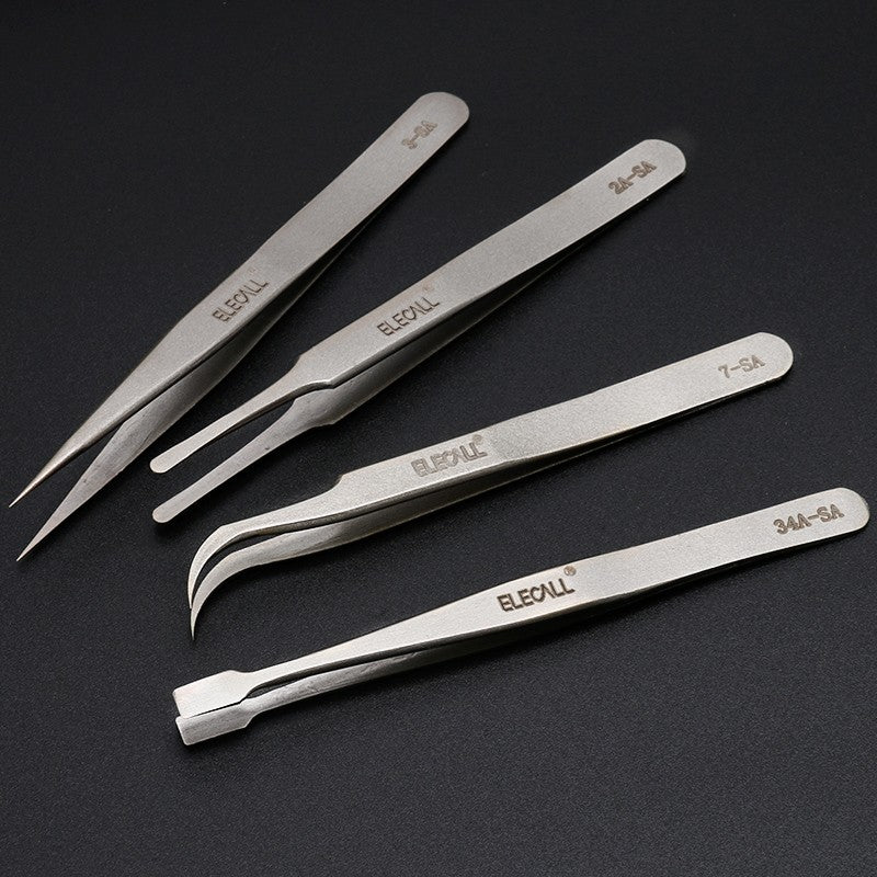 ELECALL Stainless Steel Tweezers 4-Piece Set, Pointed/Curved Tip, Long Handle, Repair and Welding Fixture, Bird's Nest Picking Tool, SA for Home and Industrial Use