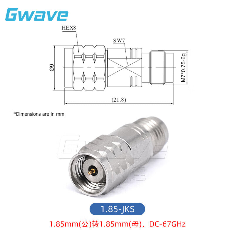 Gwave 1.85mm (male) - 1.85mm (female) precision adapter, DC-67GHz, 1.85-JKS