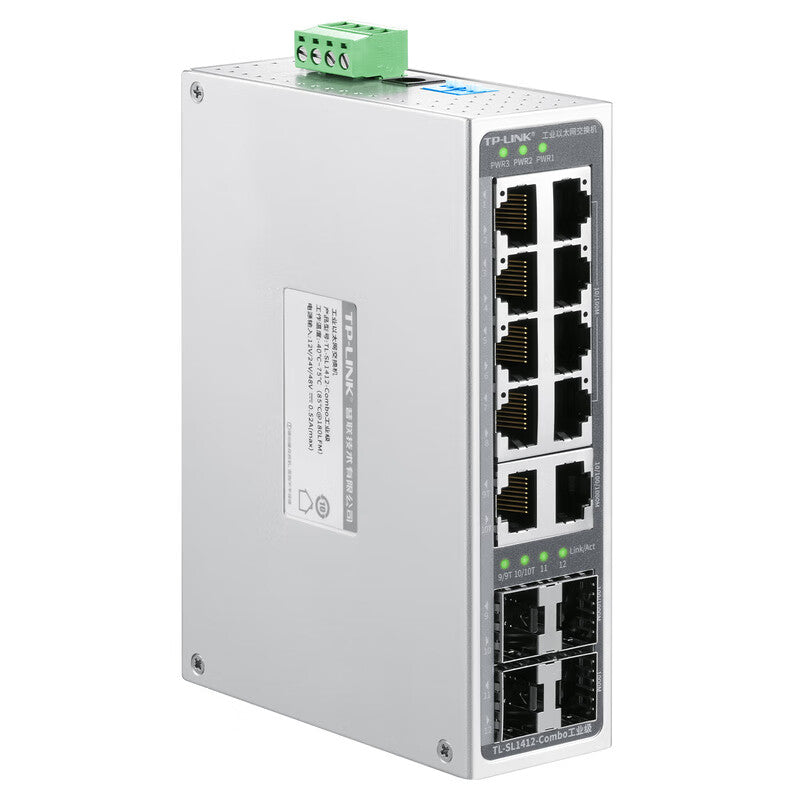 TP-LINK industrial Ethernet switch; TL-SL1412-Combo industrial grade, 8 100M RJ45 ports, 4 Gigabit SFP ports, 2 multiplexed Gigabit RJ45 ports, industrial grade operating temperature: -40℃~75℃ (85℃@180LFM)