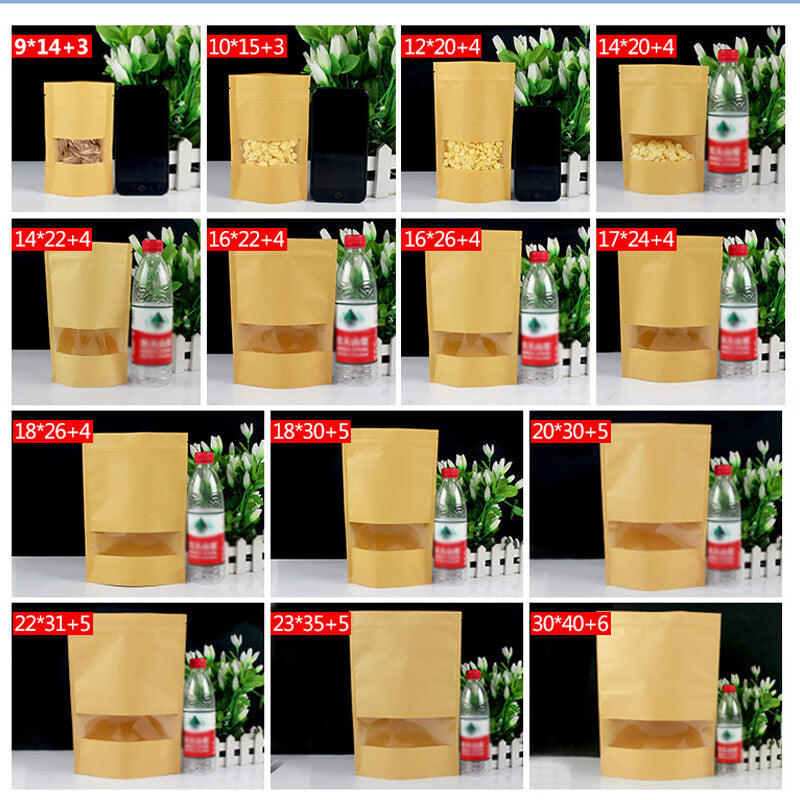 Masford disposable resealable bags, tea bags, dried fruit and snack preservation self-sealing bags, thickened windowed kraft paper bags, nut food packaging bags, 30*40+6cm (10 bags)