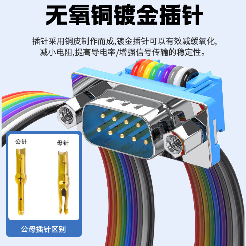 Huijun solderless ribbon cable, male and female connector, serial port ribbon cable, direct connection copper core connector, DB9 female to female 1M.