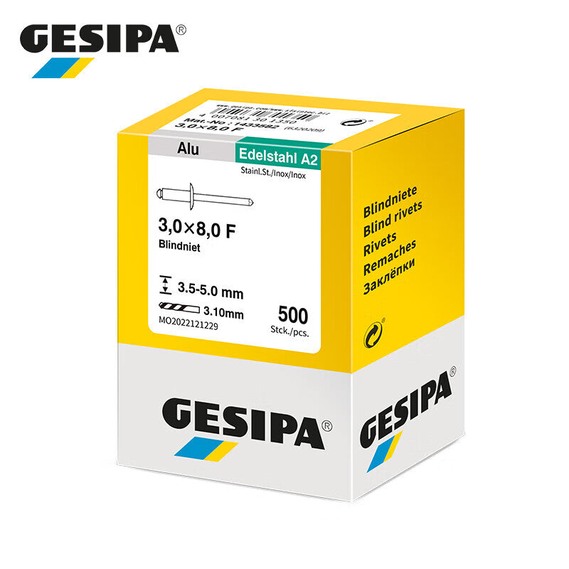 GESIPA 1433582 Standard Flat Round Head Blind Rivet 3.0 x 8.0 F 500 pieces/box