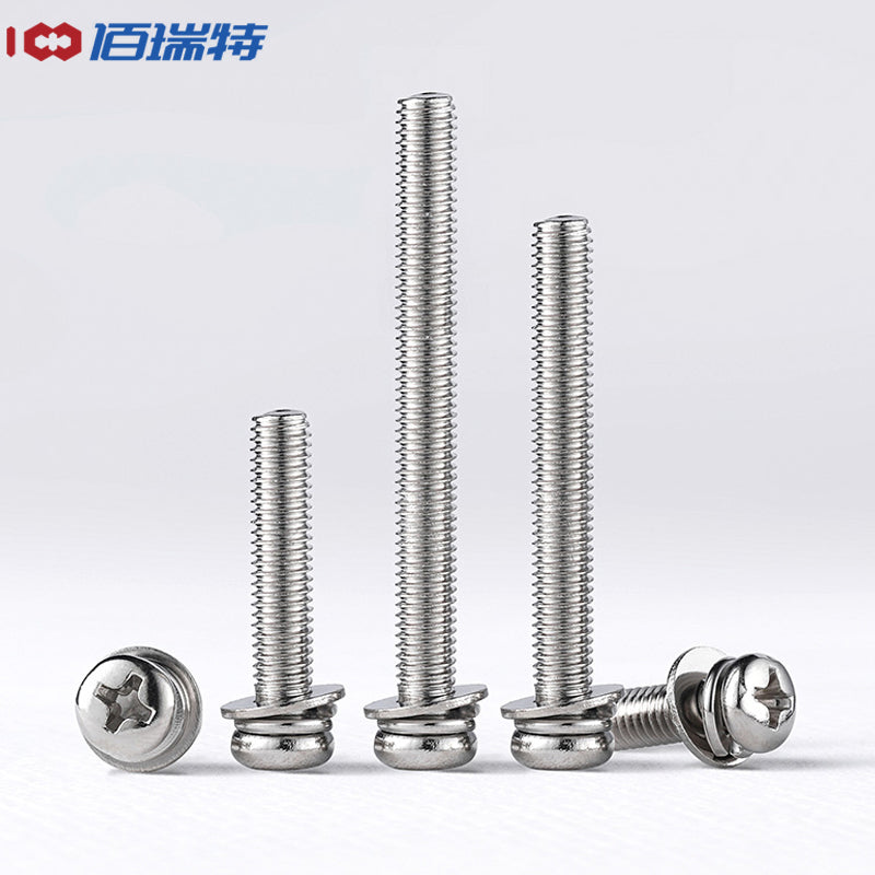 Bairuit 316 Stainless Steel Combination Screws with Spring Flat Washers, Round Head Three-Piece Combination Screws, Phillips Pan Head Combination Screws GB9074 M3*8 [10 Pieces]