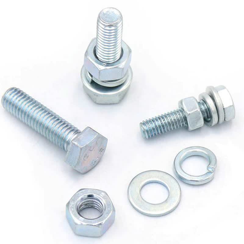 Bingyu BYly-69 8.8 grade GB5783 blue and white zinc external hex bolt with flat spring washer and nut, full thread four-piece combination screw M10*50 (30 sets/pack)
